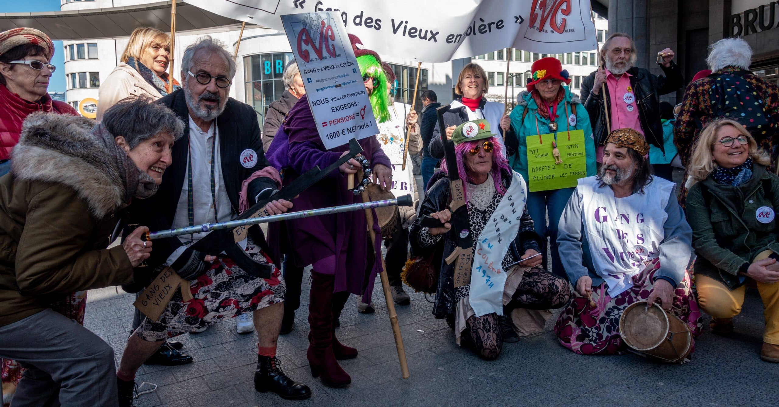 Gang des Vieux en Colère participating in the 8th March protest in Brussels